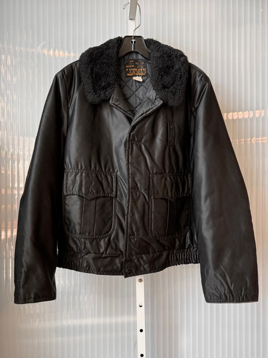 1980s Black Lawman Sheriff Satin Jacket w/ Black Fur Collar