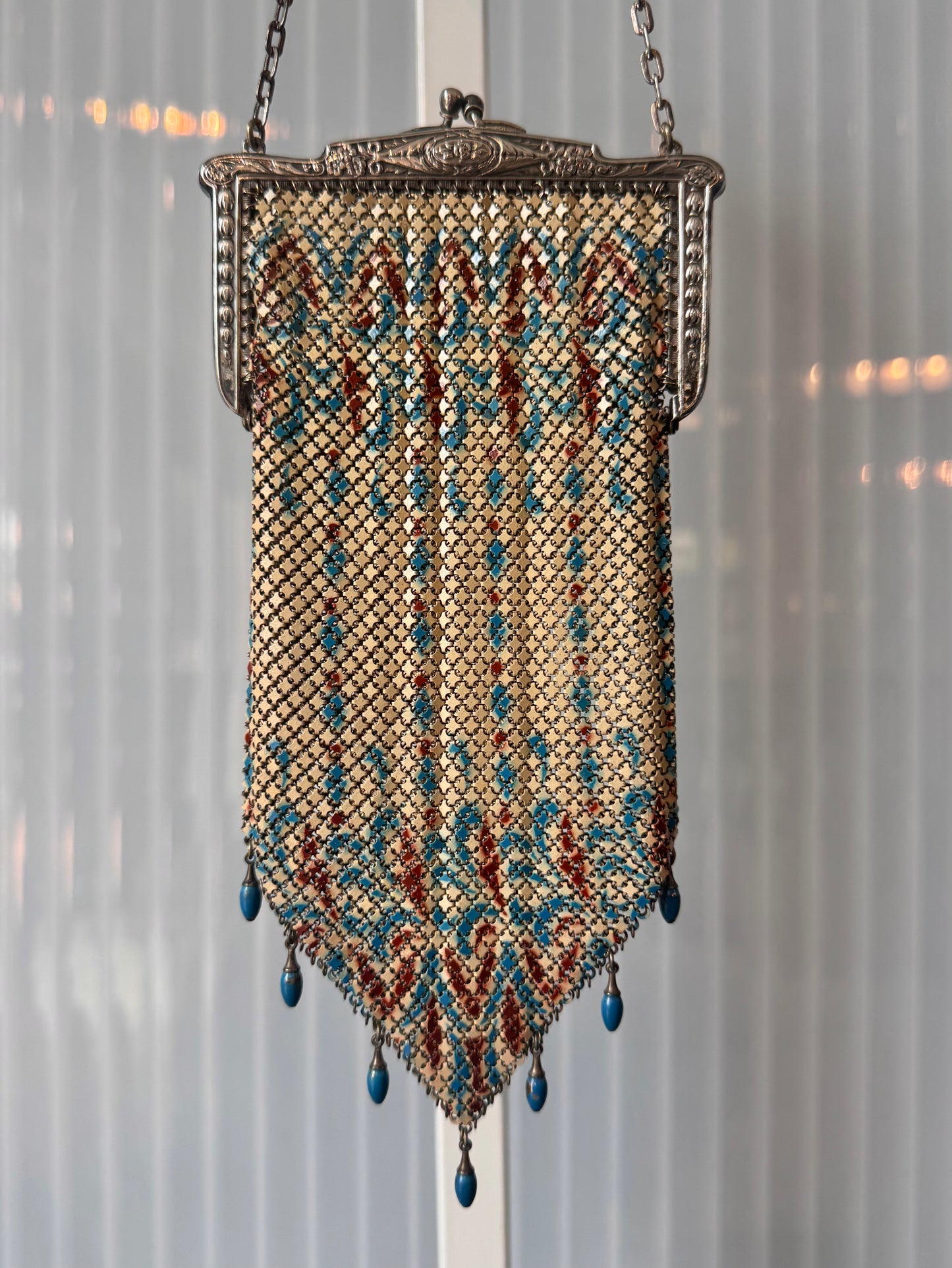 1920s Cream Blue & Burgundy Metal Mesh Flapper Purse