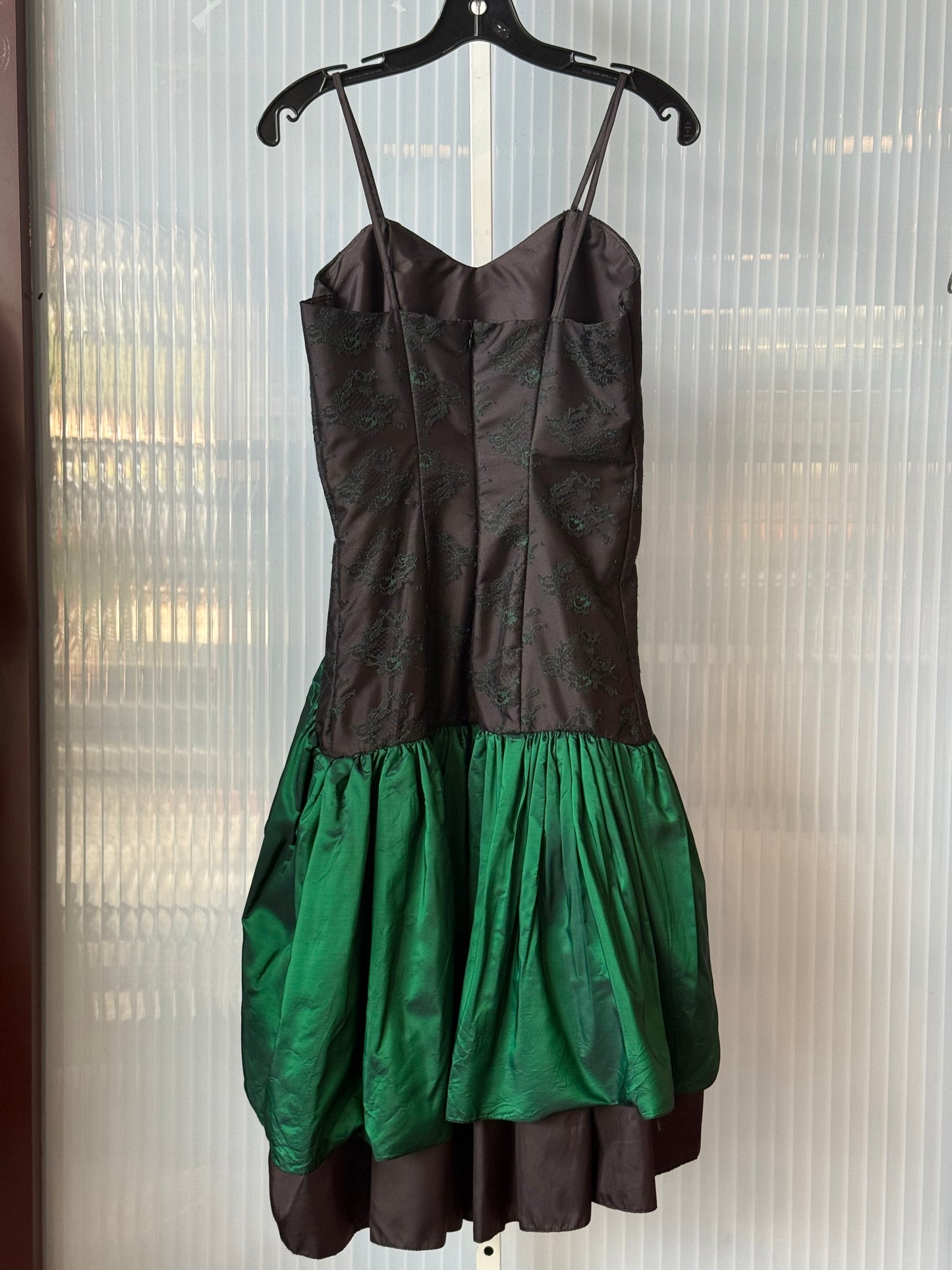 1980s Style Black Prom Dress w/ Emerald Satin Ruffles & Lace