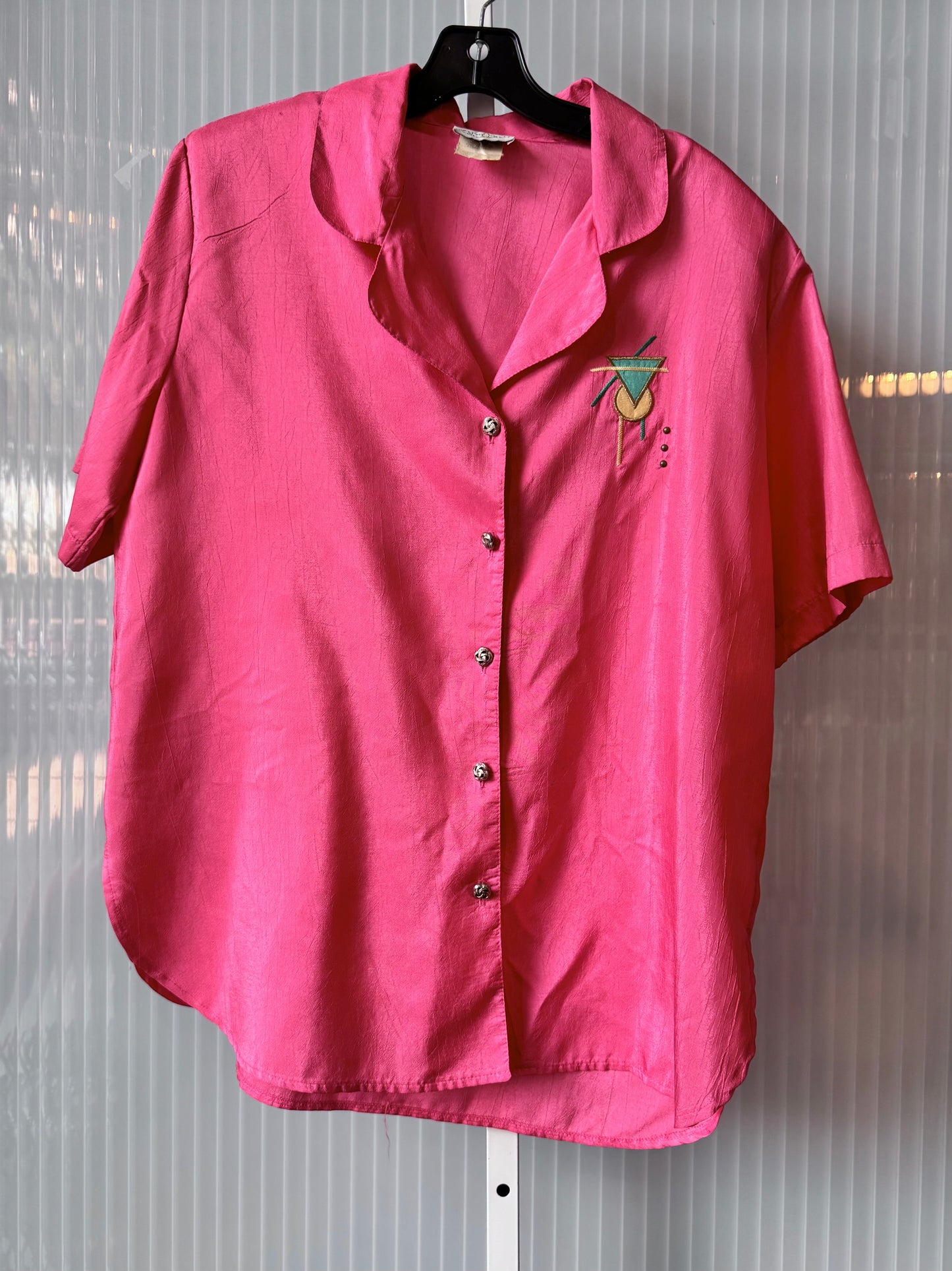 1980s Hot Pink Button Up Shirt with Geometric Embroidery