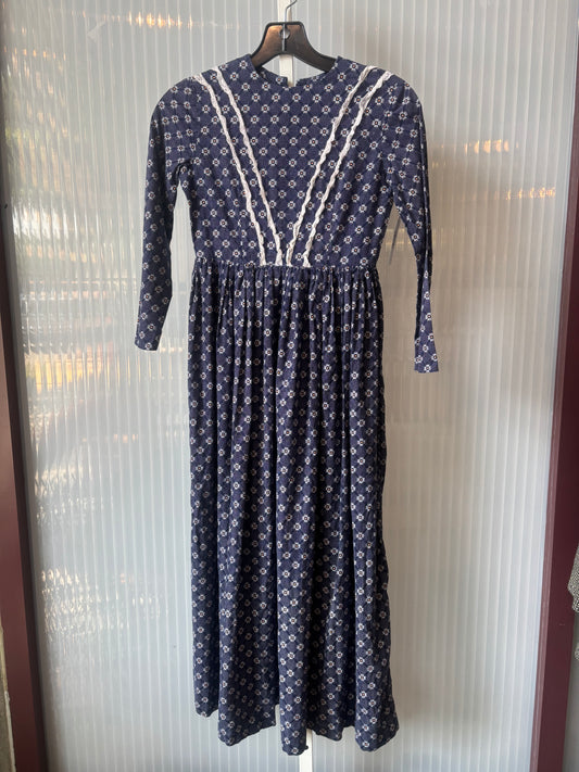 1970s Navy Blue & White Printed Prairie Kid's Dress