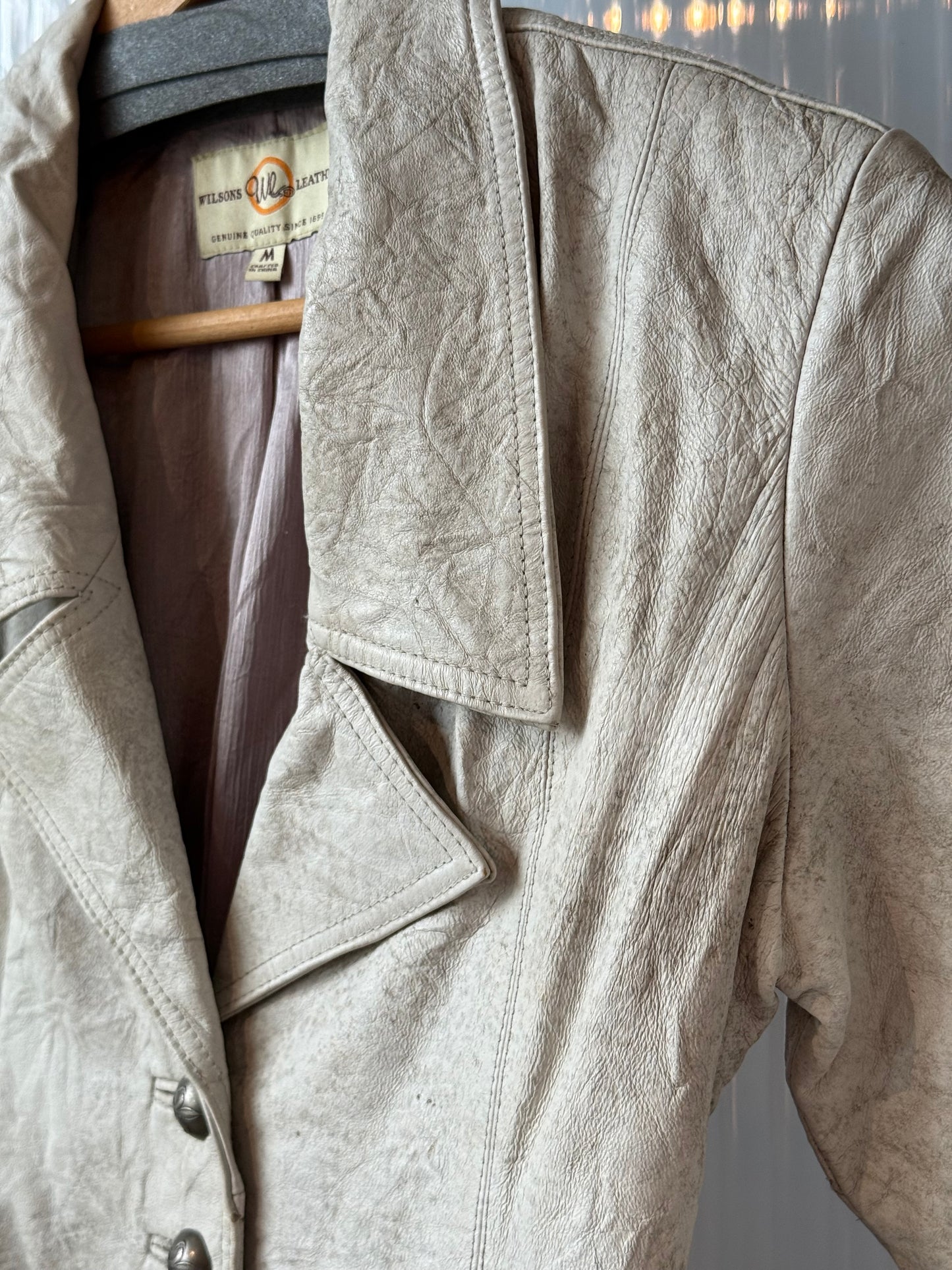 1970s Pale Grey Leather Trench Coat Dress w/ Metal Fleur de Le Buttons