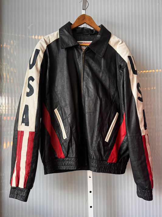 Y2K Black & White American Flag Leather Jacket