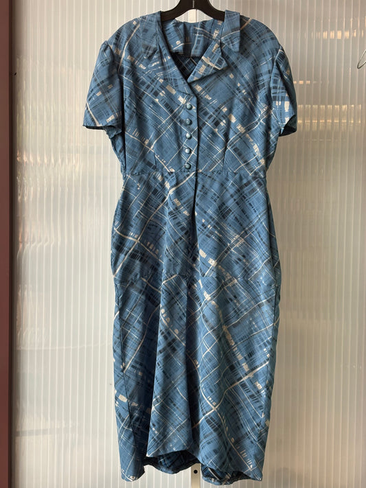 1960s Blue Plaid Shirtwaist Dress