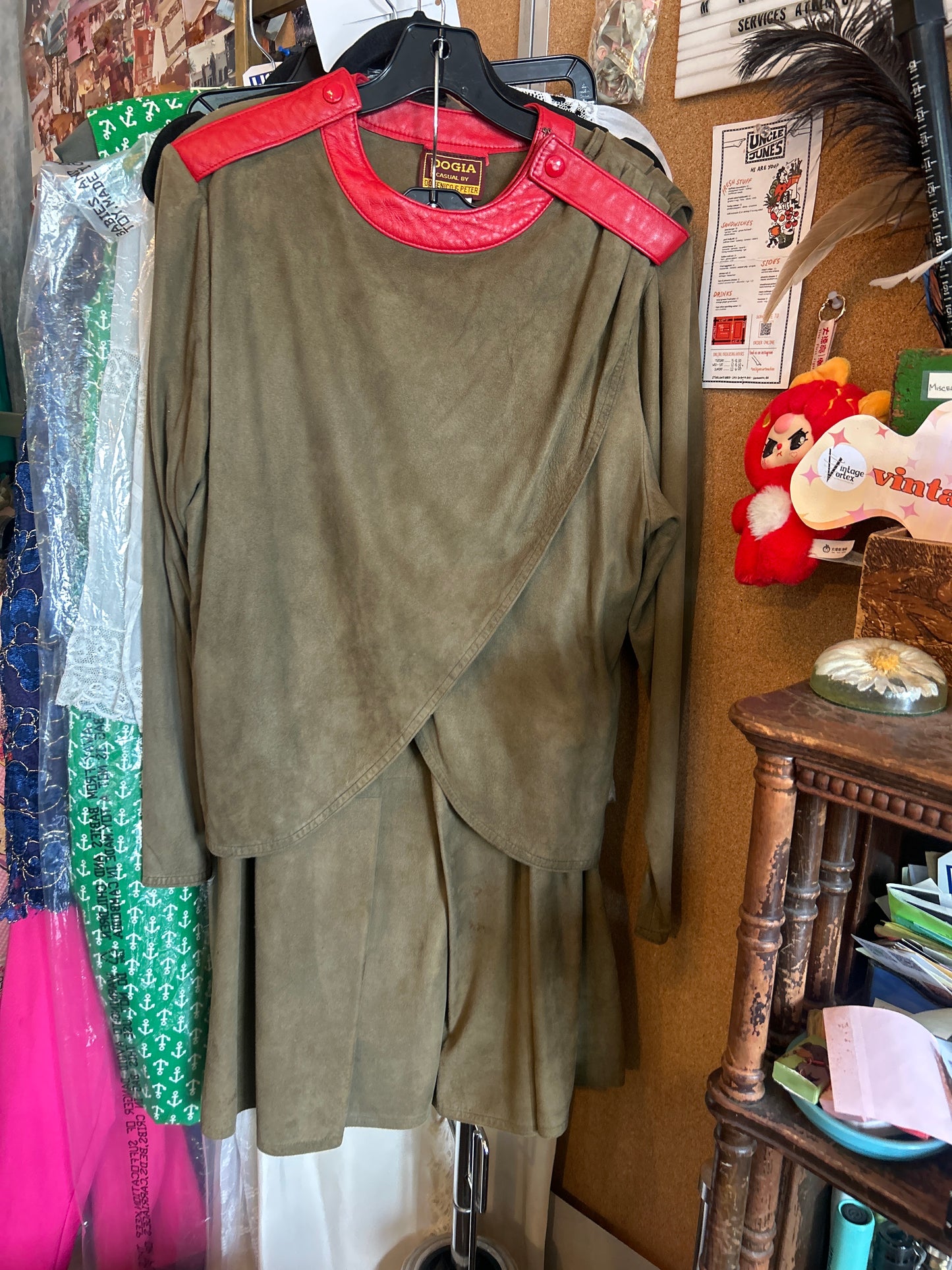 1980s Olive Suede Top & Skirt Set w/ Red Leather Trim