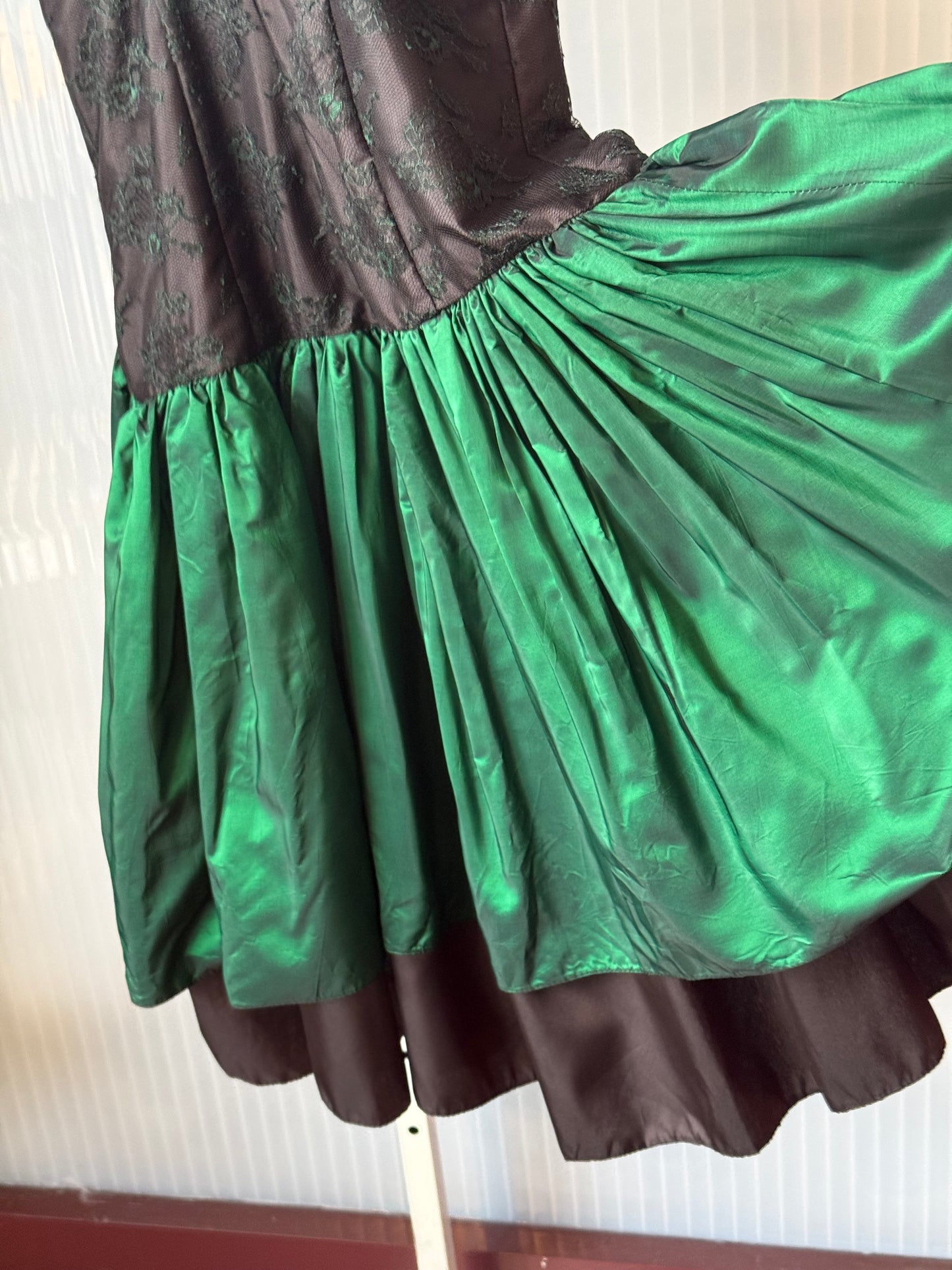 1980s Style Black Prom Dress w/ Emerald Satin Ruffles & Lace