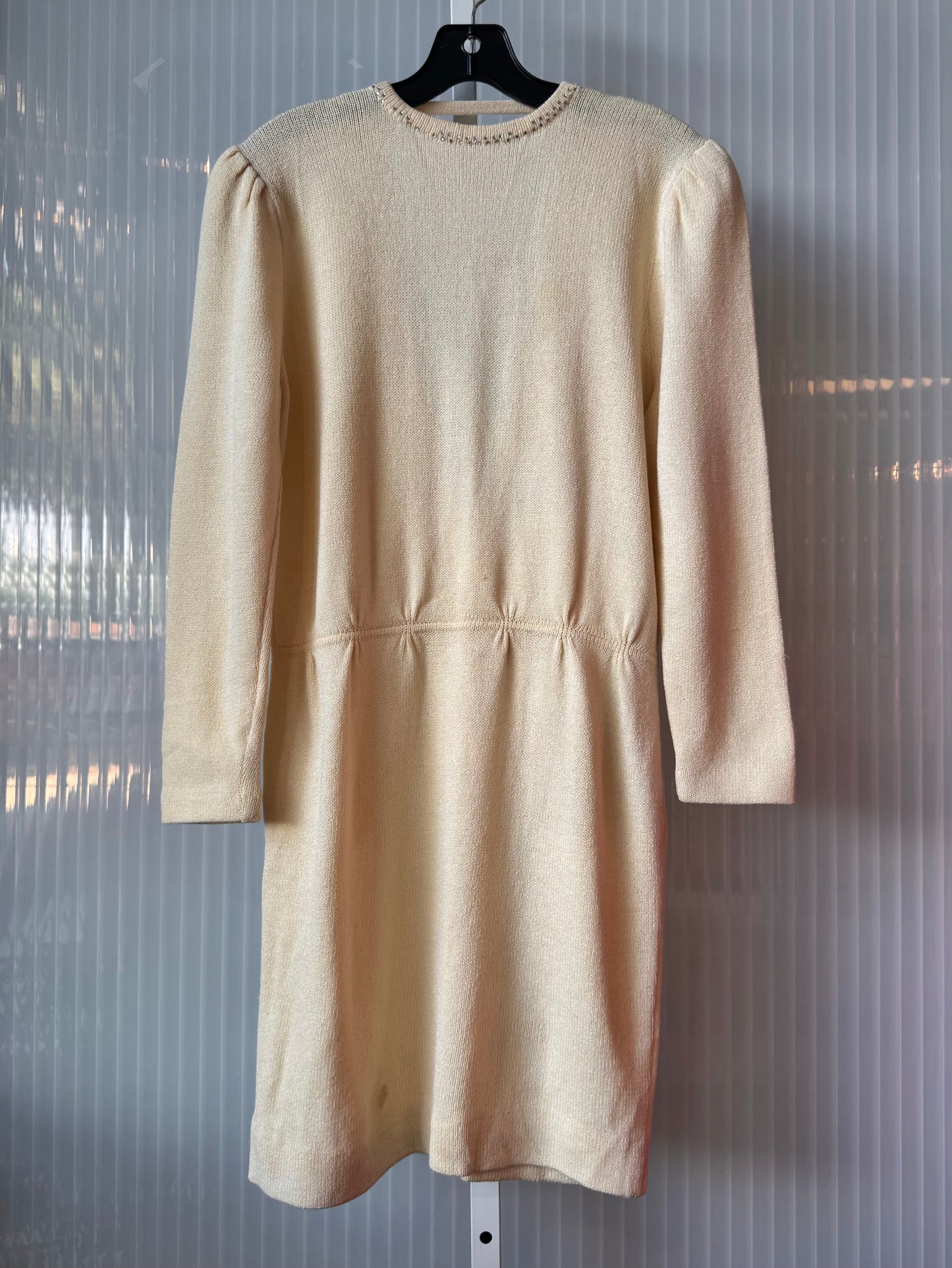 1980s Cream Long-Sleeve Open-Back Knit Dress with Silver Rhinestones