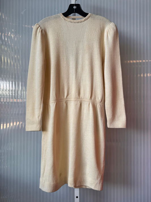 1980s Cream Long-Sleeve Open-Back Knit Dress with Silver Rhinestones