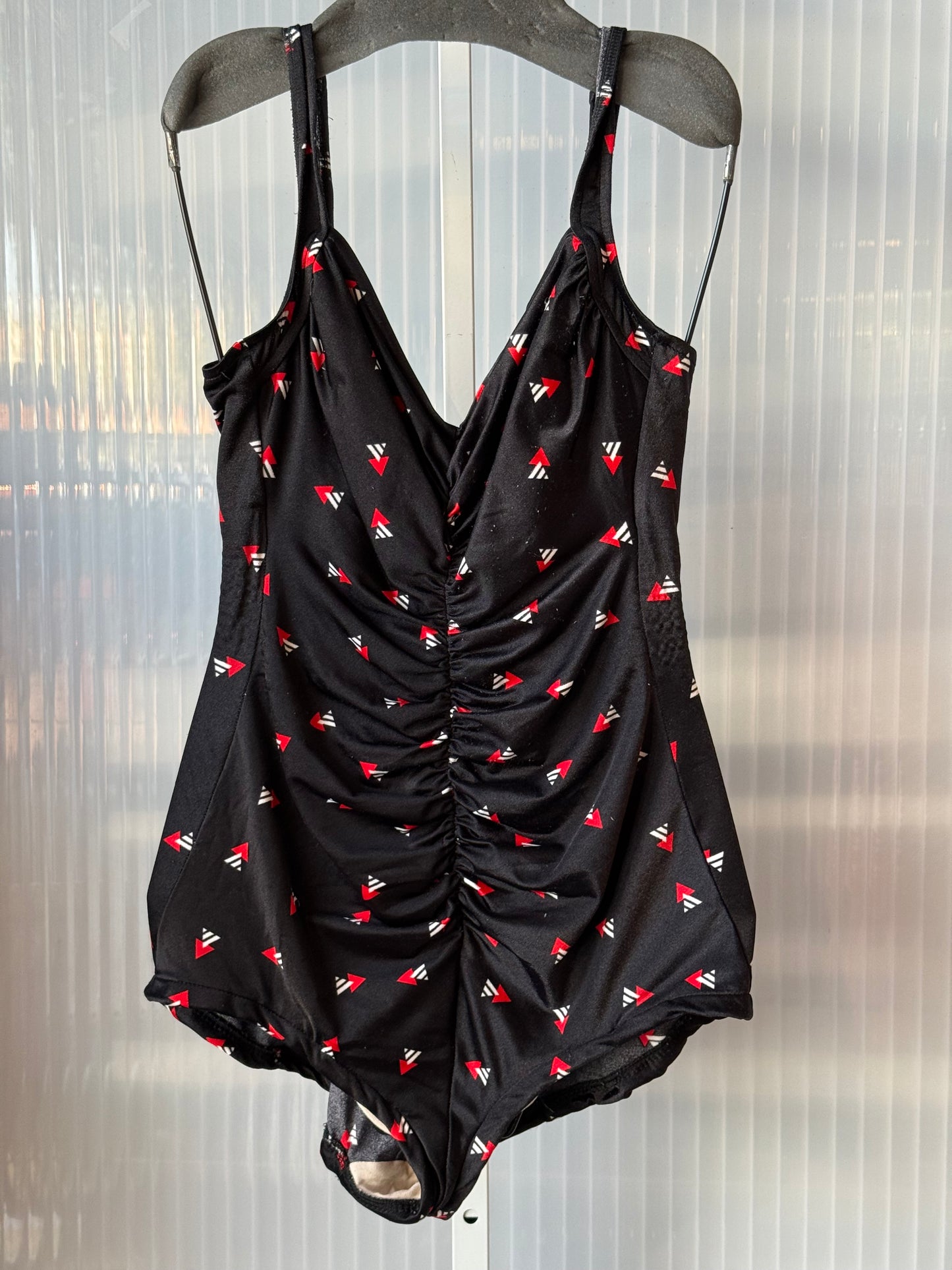 1980s Black Rushed Swimsuit w/ Triangle Pattern