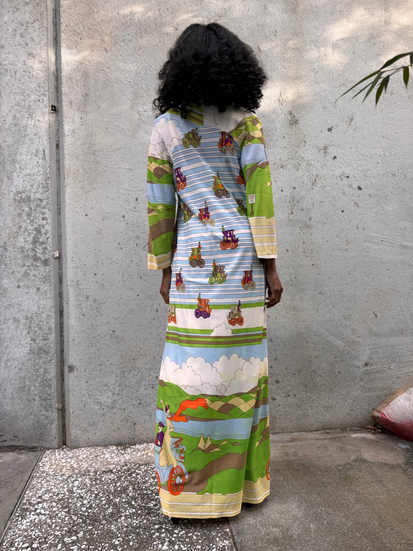 1970s Blue & Green Carriage Print Zip Dress