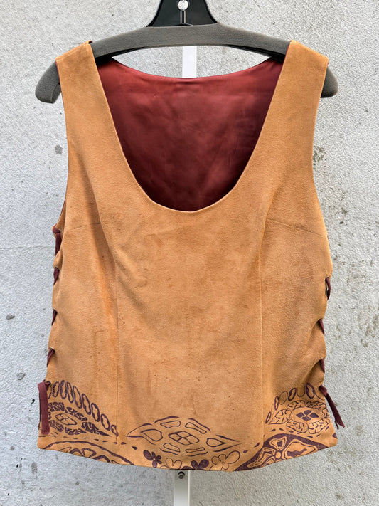 Tan Suede Burgundy Print Lace Up Tank