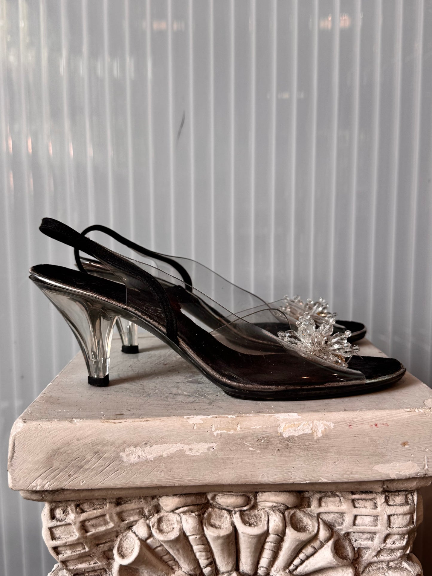 1980s Black & Clear PVC Peep-toe Slingback Heels