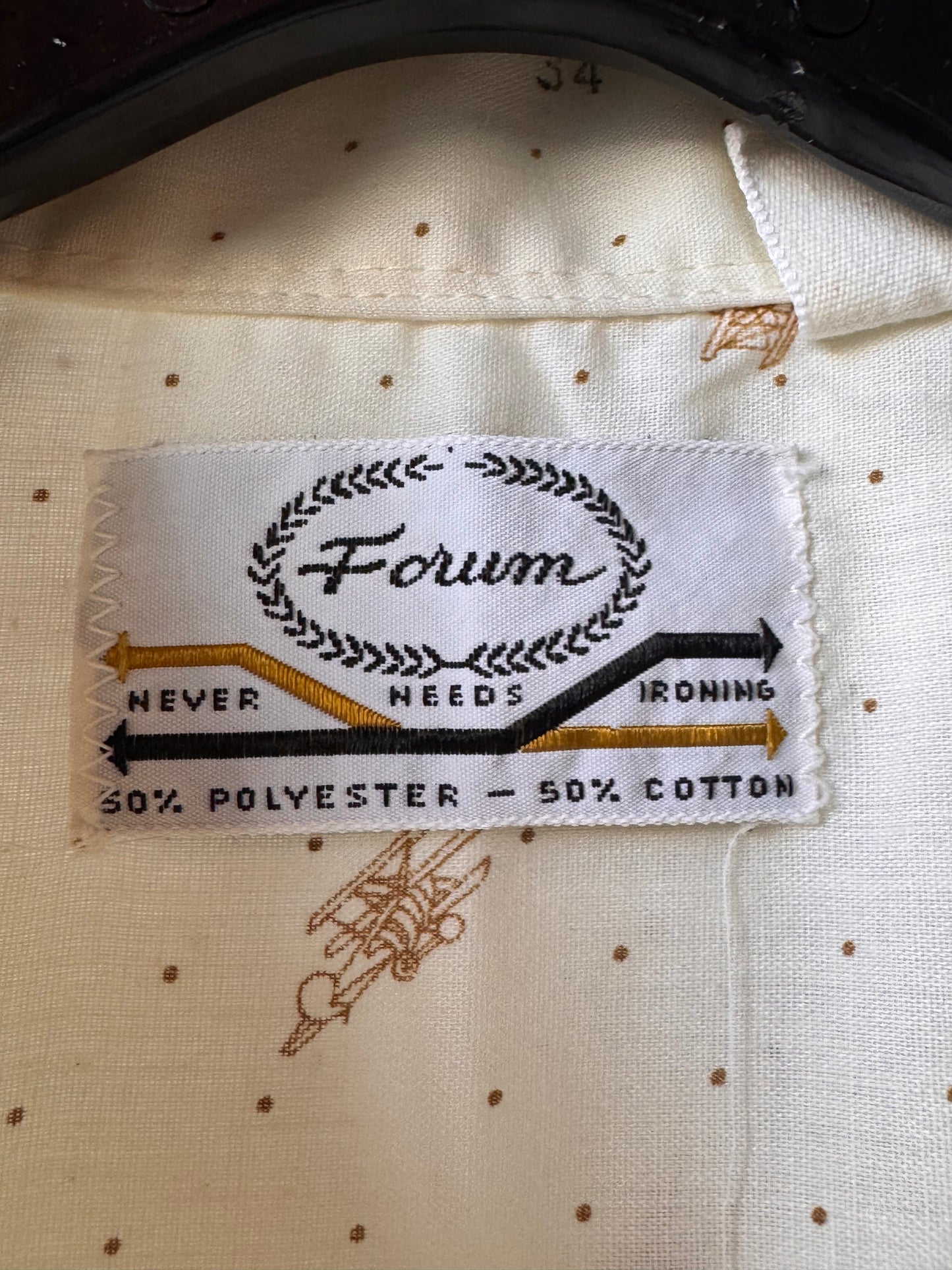 1970s Pointed Collar Cream Shirt w/ Brown Airplane Print