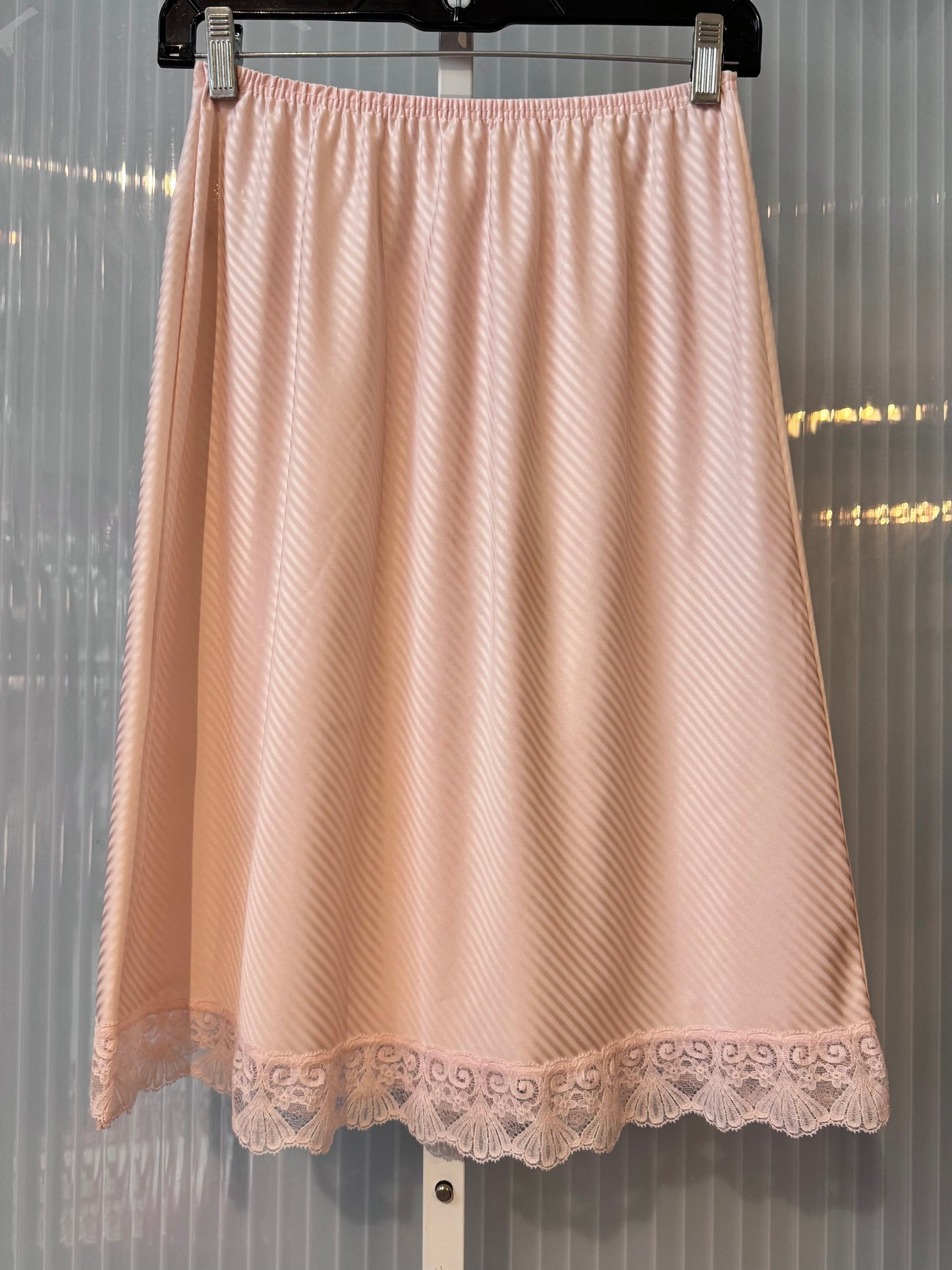 1970s Pink Pinstripe Skirt Slip with Lace Trim
