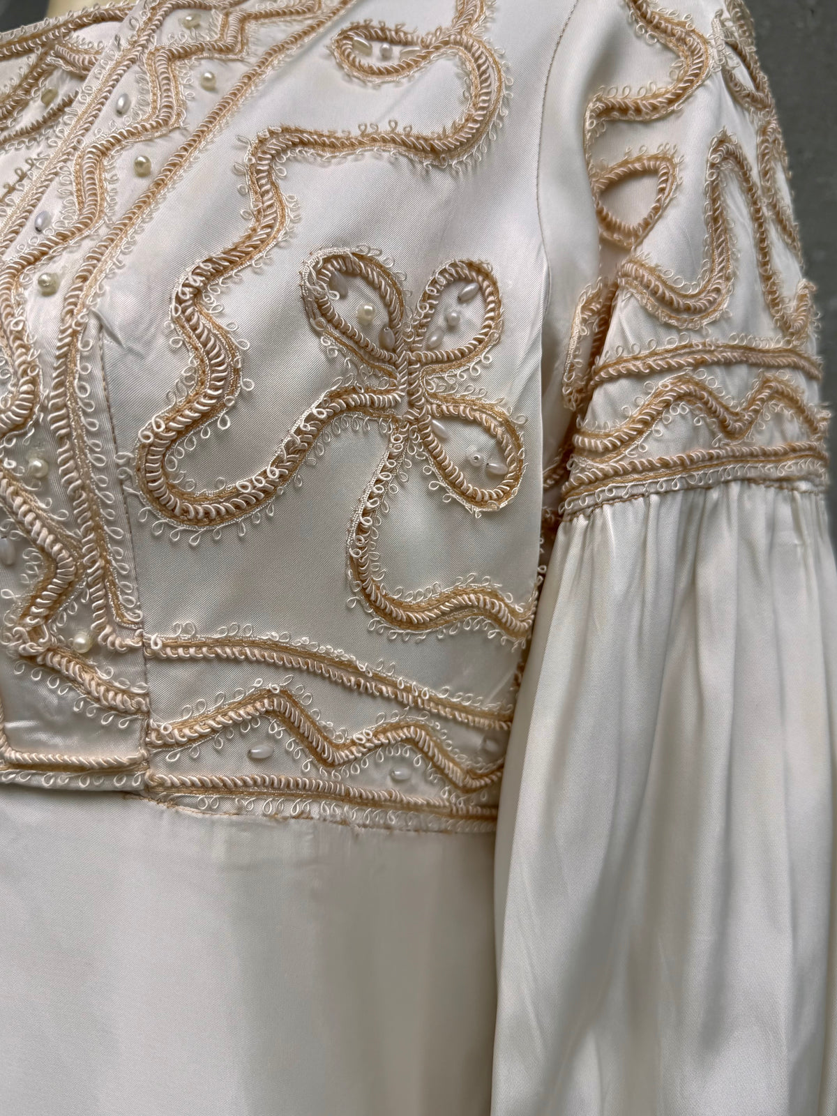 1970s Cream Wedding Dress with Tan Embroidery