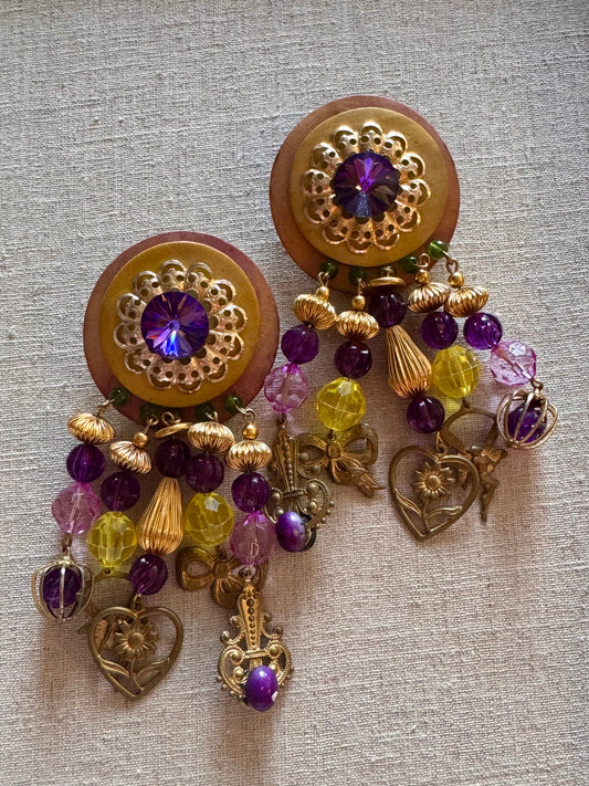 1980s Gold and Purple Chunky Earrings