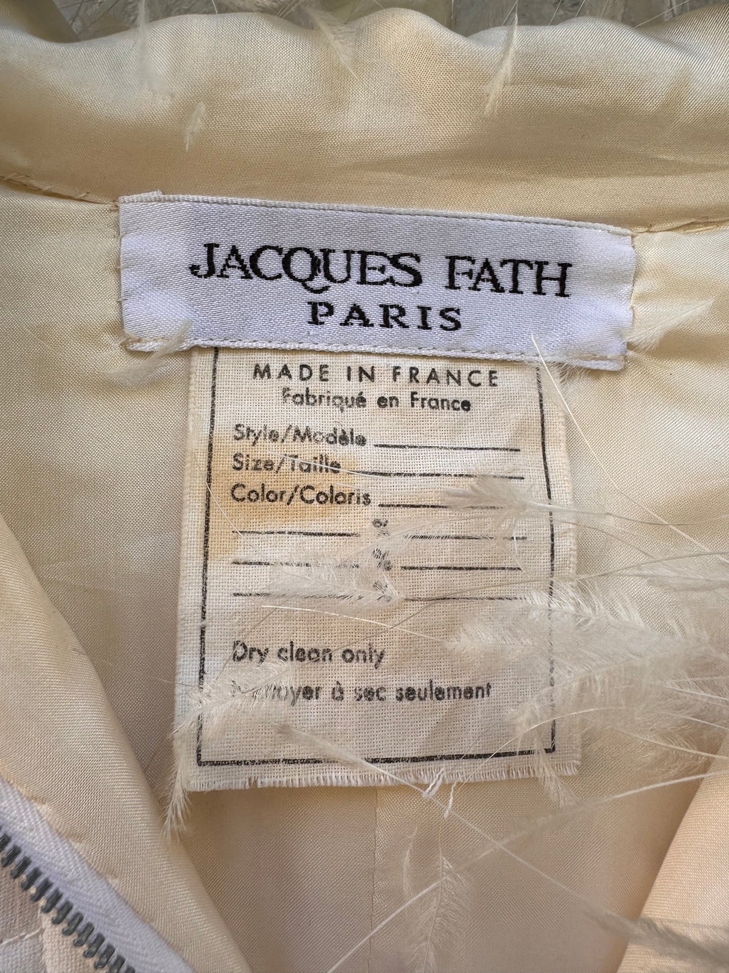 Jacques Fath Paris White Quilted Jacket with Feather Plummage