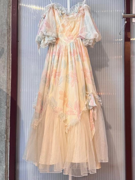 1980s Off-white & Pink Floral Off-Shoulder Gown