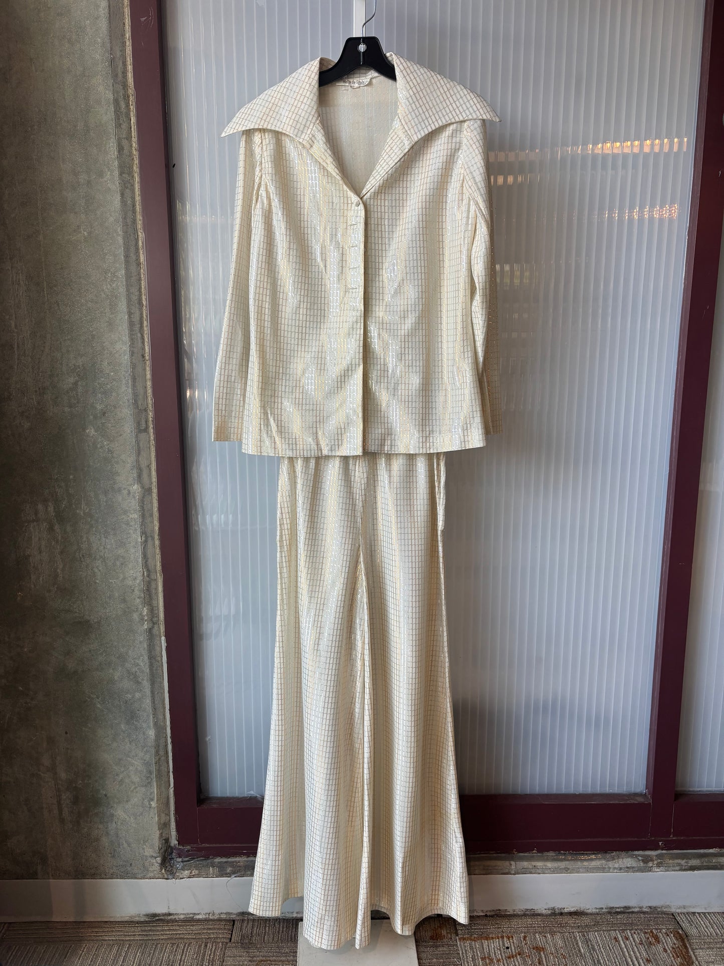 1970s Silver & Gold Patterned White Disco Blouse & Pants Set