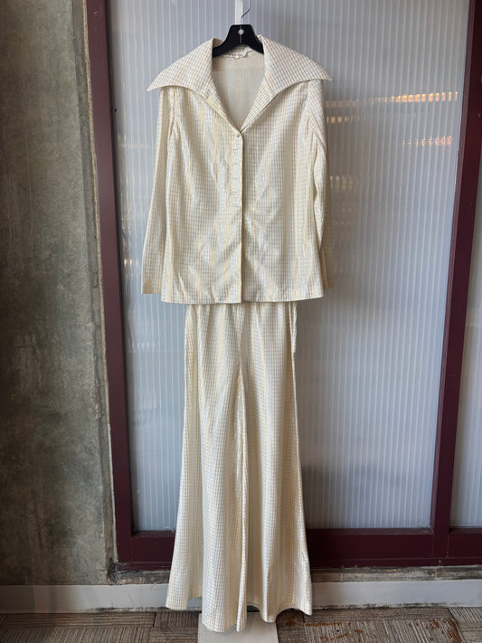 1970s Silver & Gold Patterned White Disco Blouse & Pants Set