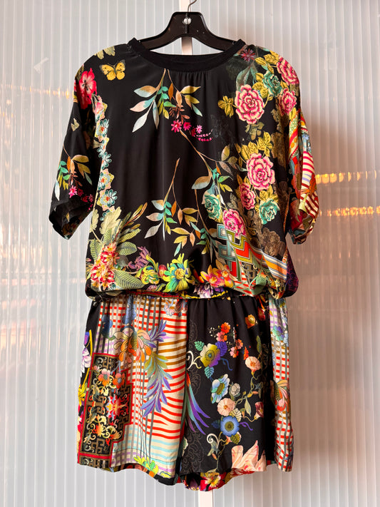 2010s Johnny Was Black & Multicolor Floral Top & Shorts Set
