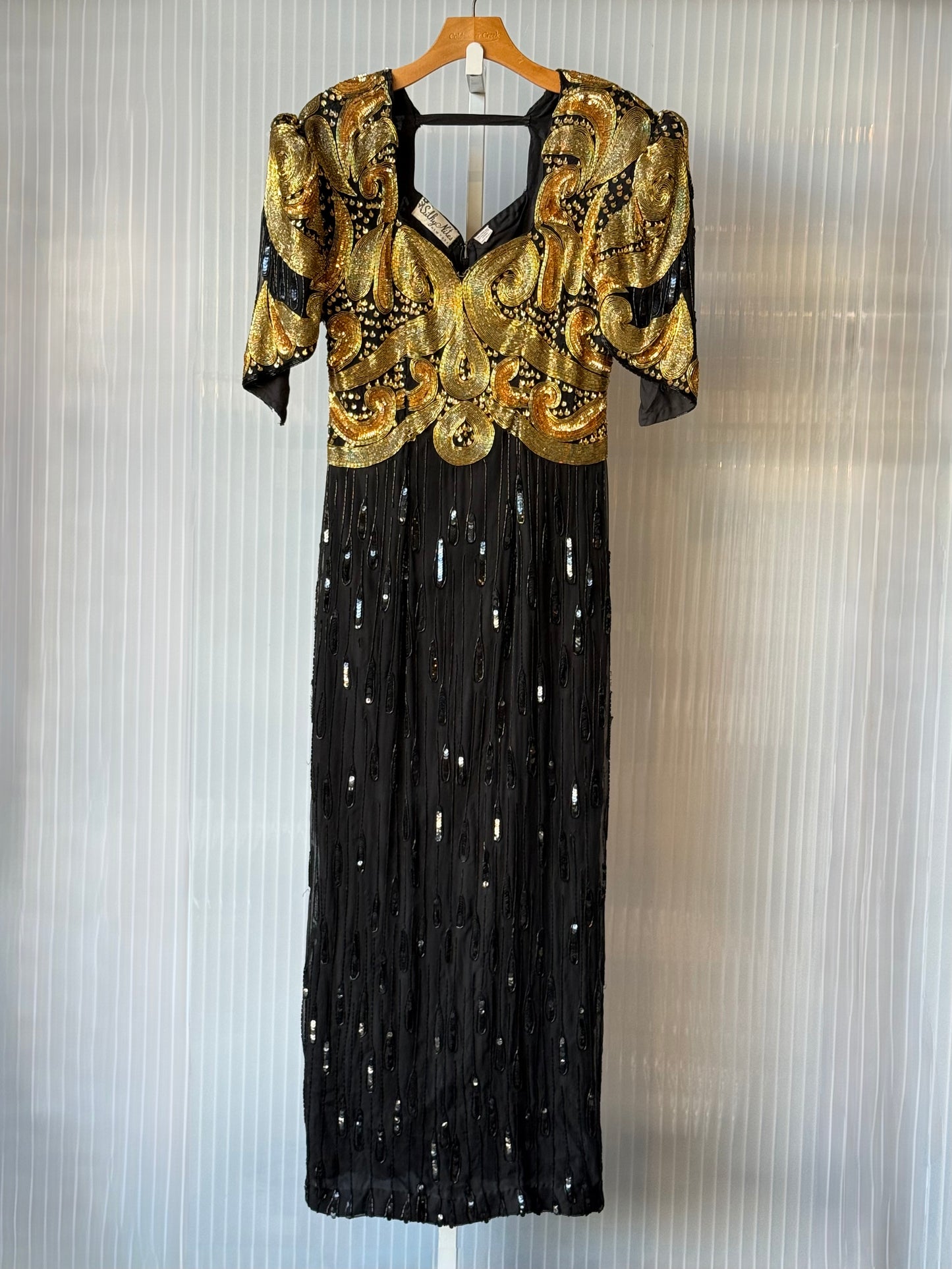1980s Black Sequin Gown w/ Gold Beading