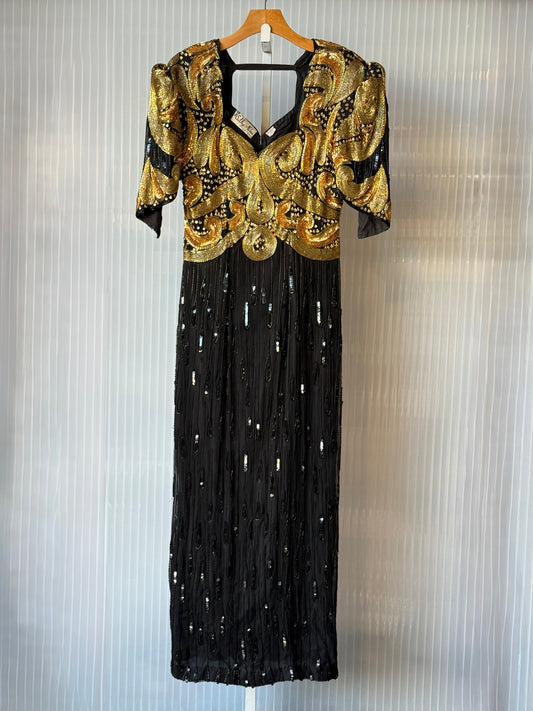 1980s Black Sequin Gown w/ Gold Beading