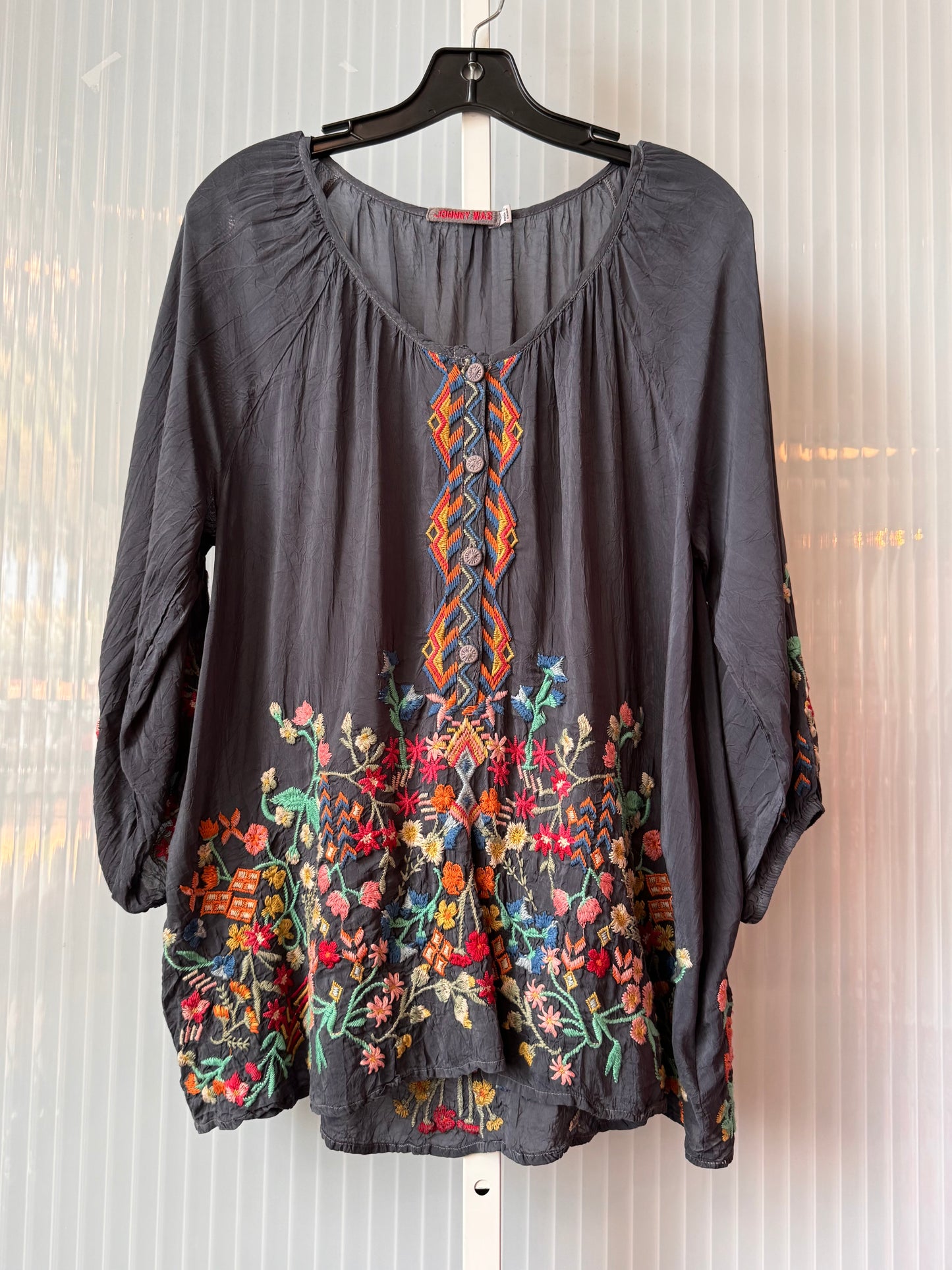 Johnny Was Gray Top with Colorful Floral Embroidery