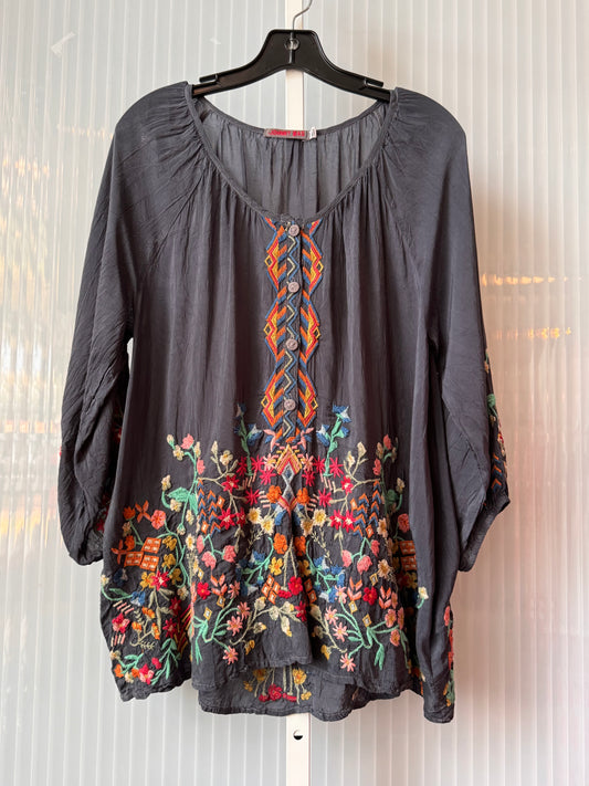 Johnny Was Gray Top with Colorful Floral Embroidery