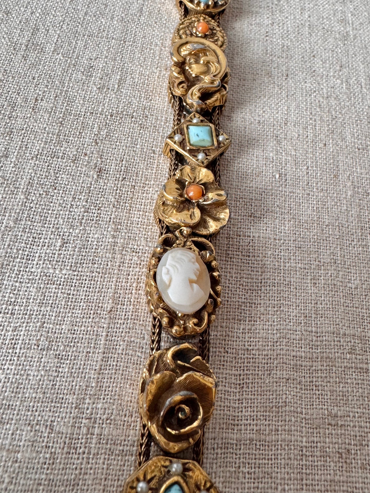 1950s Goldette Victorian Revival Charm Slide Bracelet