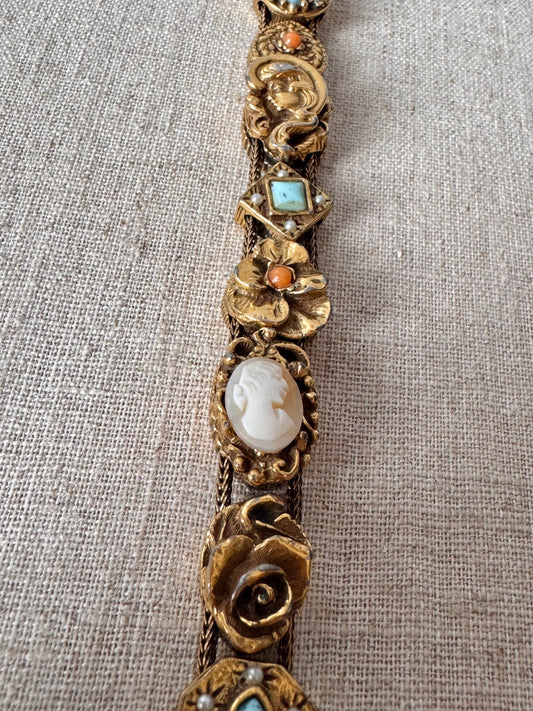 1950s Goldette Victorian Revival Charm Slide Bracelet