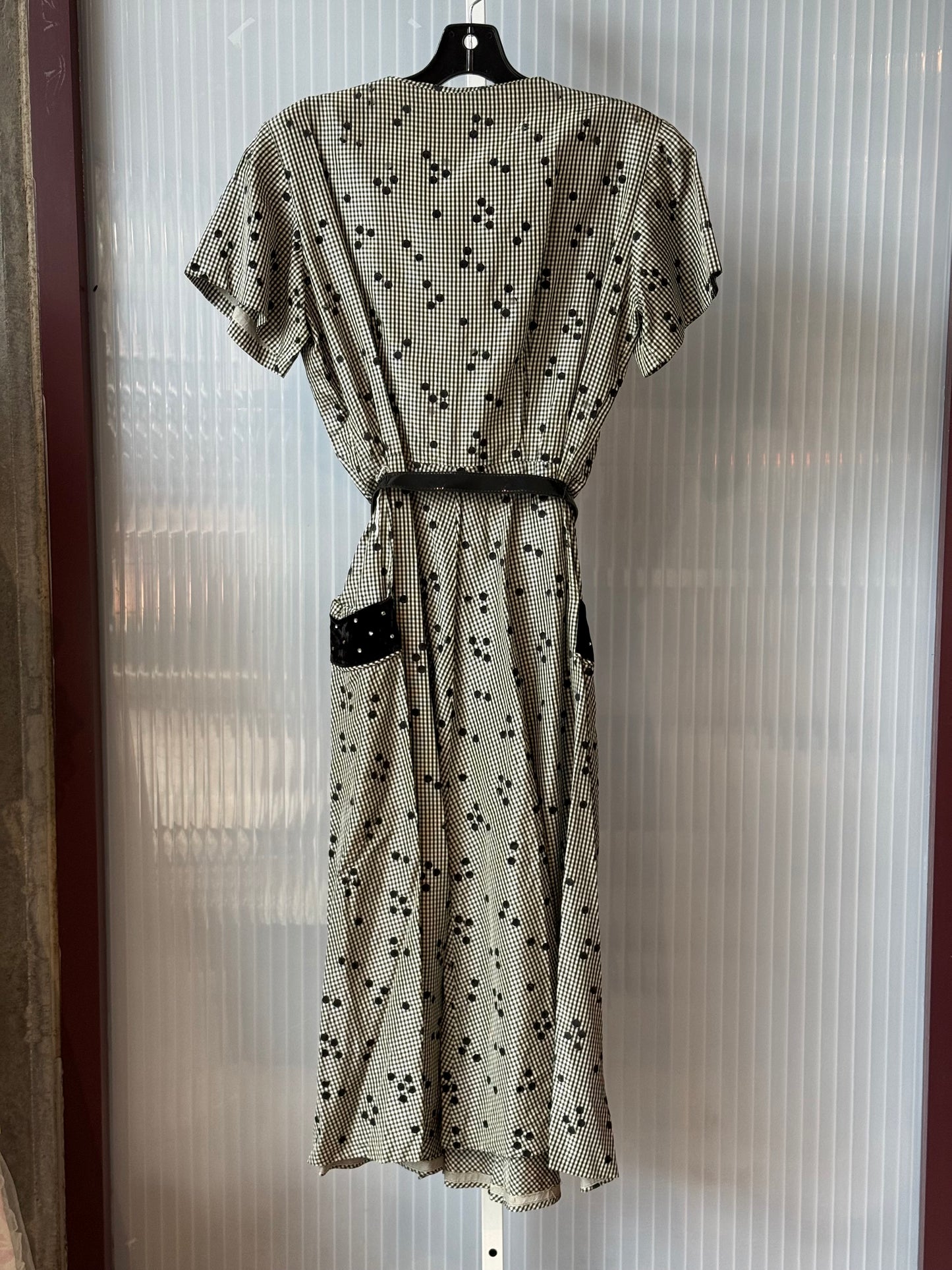 1950s Black Polka Dot Gingham Dress w/ Velvet & Rhinestone Accents