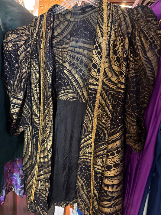 1980s Metallic Gold & Black Short Sleeve Jacket  w/ Gold Trim