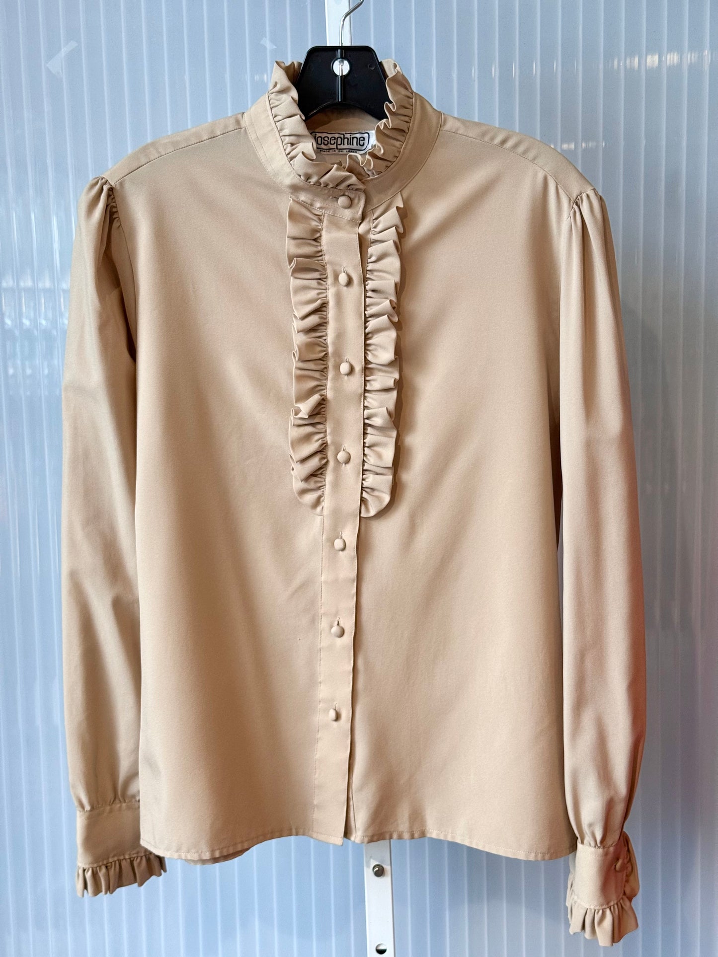 1980s Taupe Frilly Button-Up Blouse