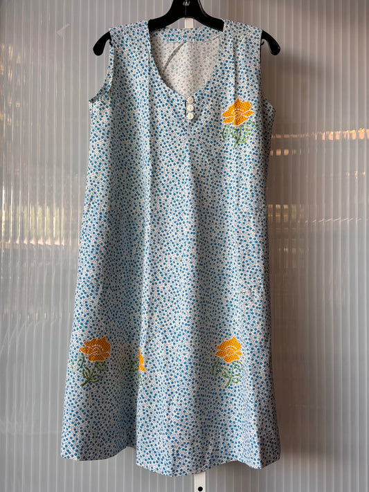 1960s Blue & White Polka Dot Tent Dress w/ Floral Appliques