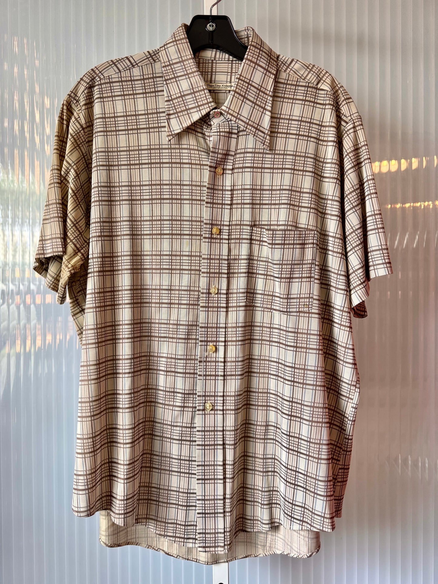 1970s Brown Windowpane Plaid Button Up Shirt