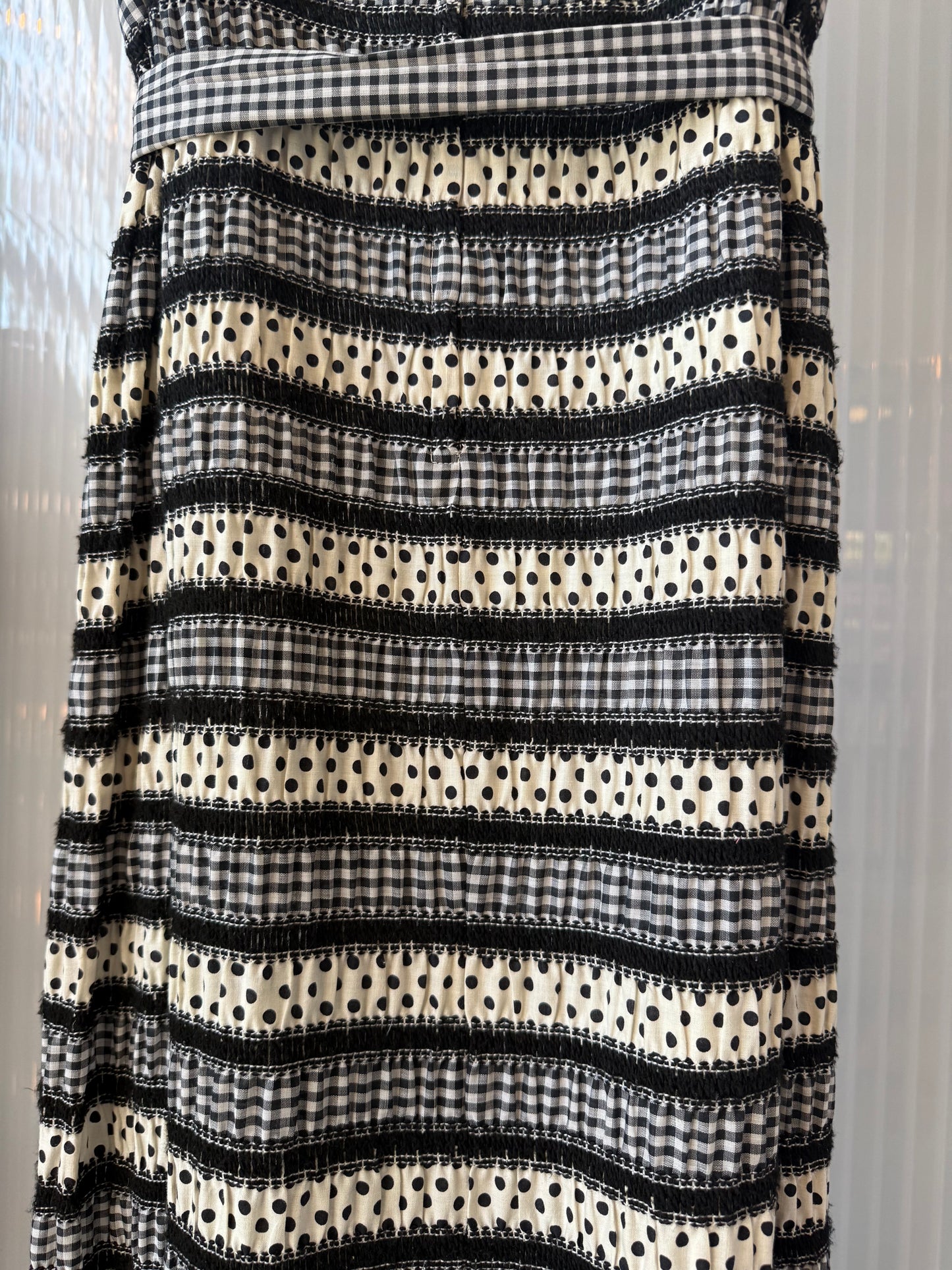 1960s Gingham and Polka Dot B&W Sleeveless Maxi Dress
