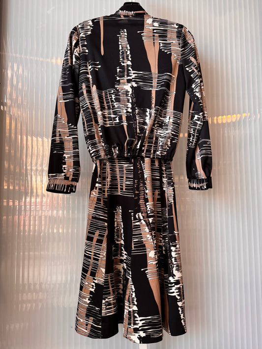 1970s Tan & Black Dress & Jacket Abstract Striped Set