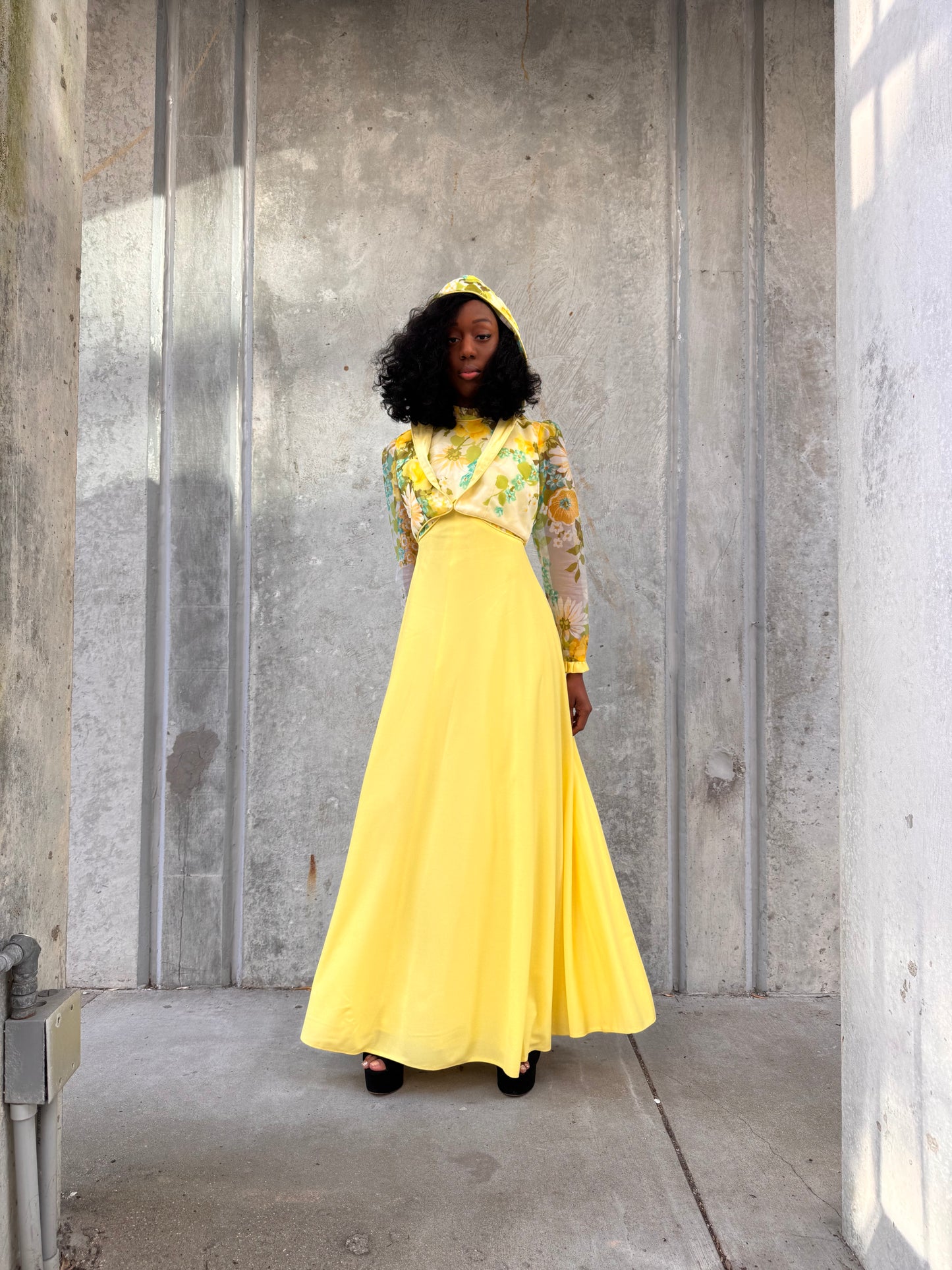 1960s Yellow Floral Empire Waist Dress with Hooded Jacket