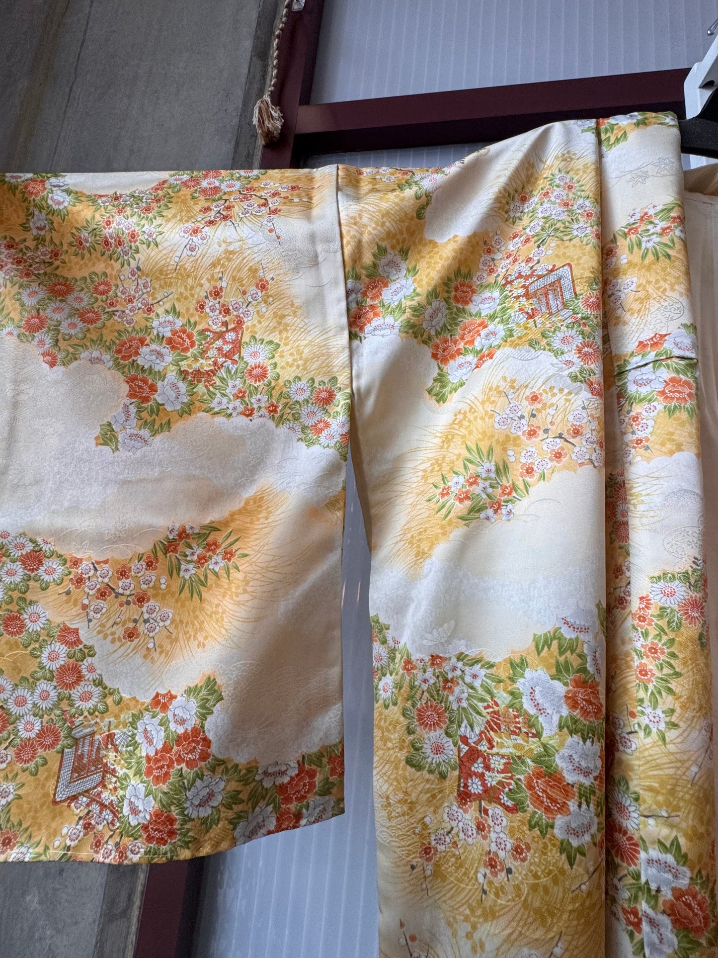 Vintage Yellow Kimono with Orange Floral Pattern