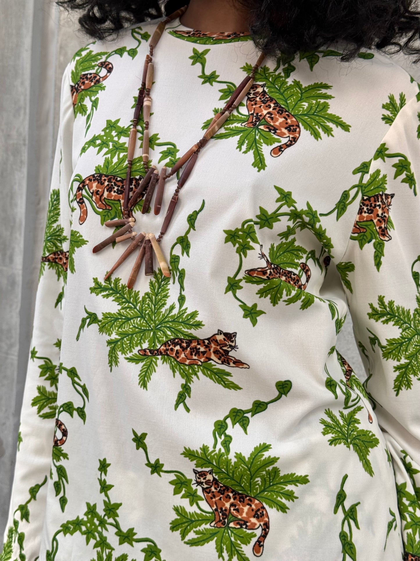 1970s White & Green Jaguar Print Top & Skirt Set