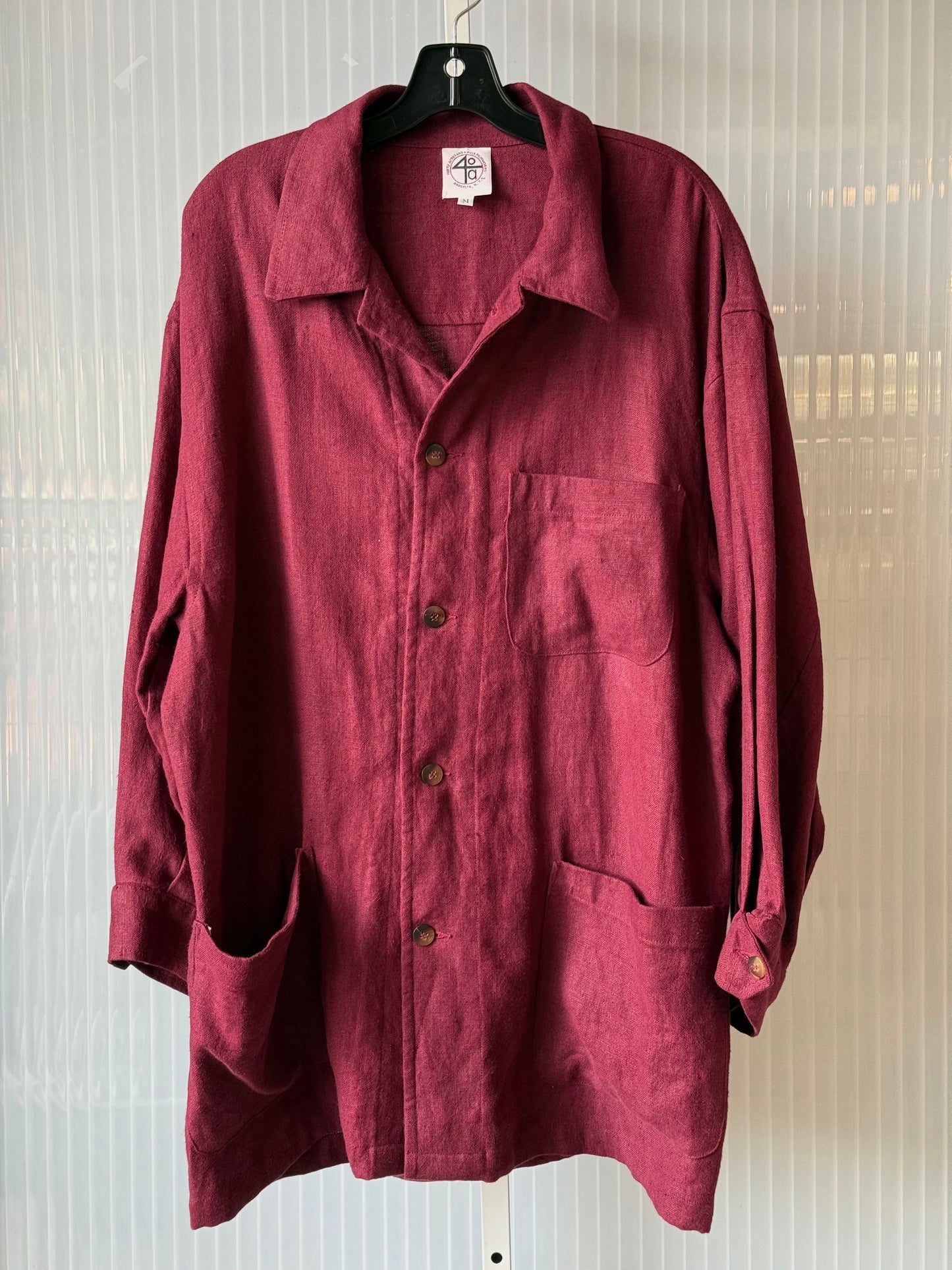 1990s Burgundy Linen "40a" Men's Button Front Shirt
