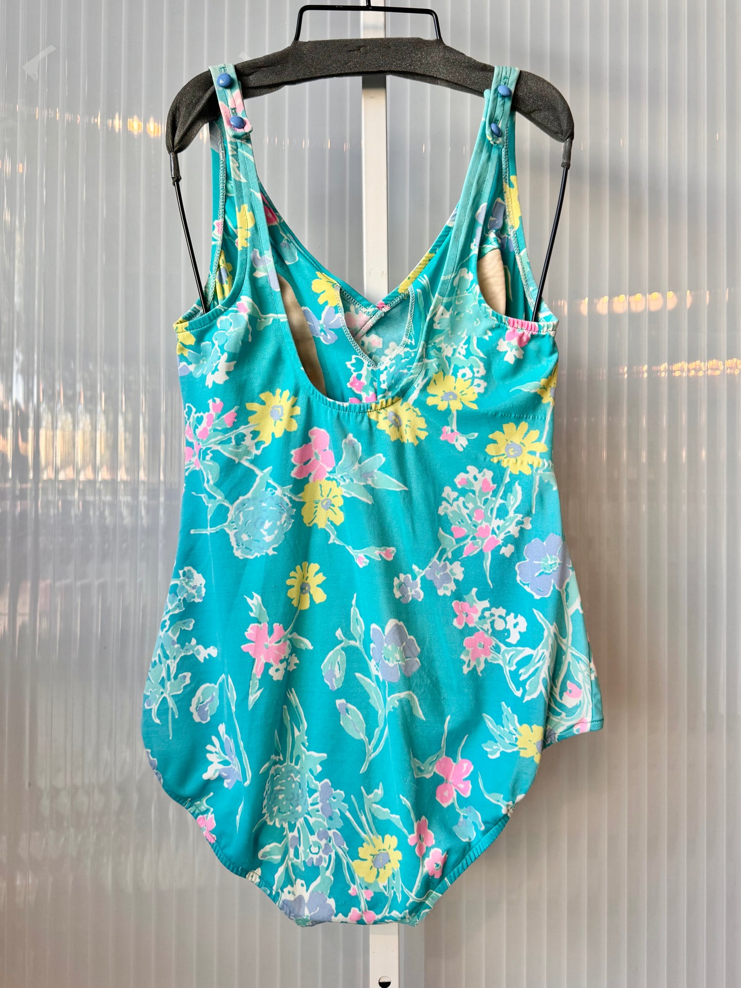 1980s Teal Floral Pastel Print One-Piece Swim Suit