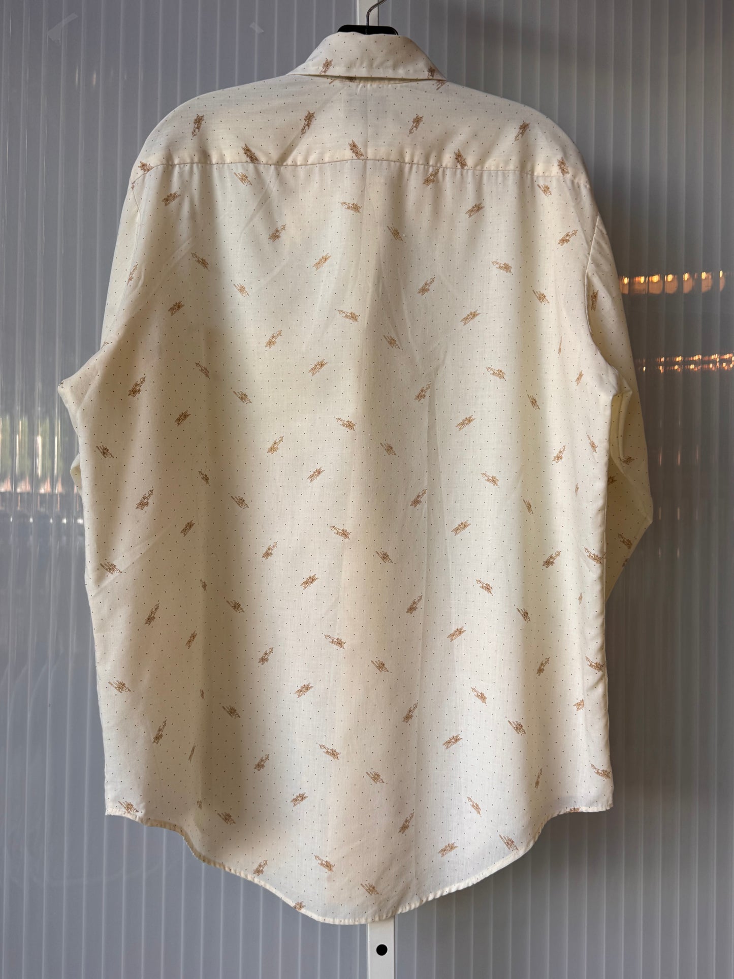 1970s Pointed Collar Cream Shirt w/ Brown Airplane Print