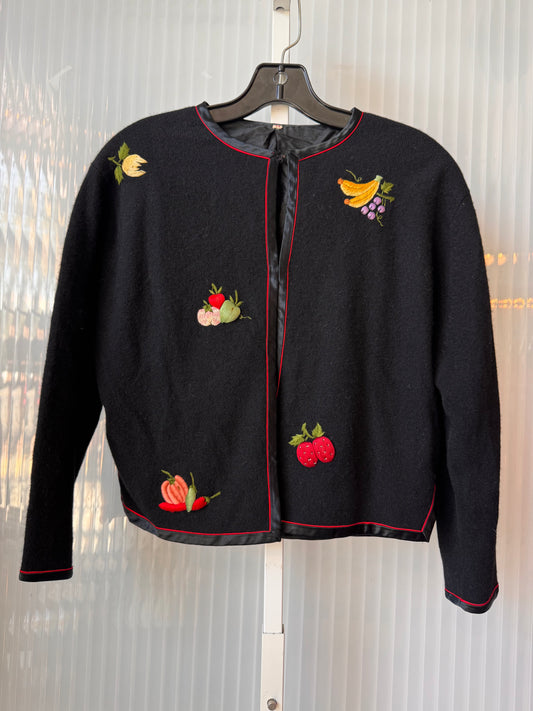 1960s Black Wool Fruit & Vegetable Embroidered Cardigan