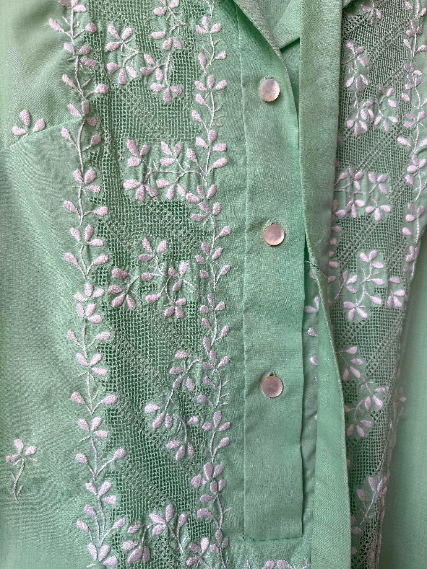 1960s Pale Green Embroidered Shirt Dress w/ Mesh & Sash