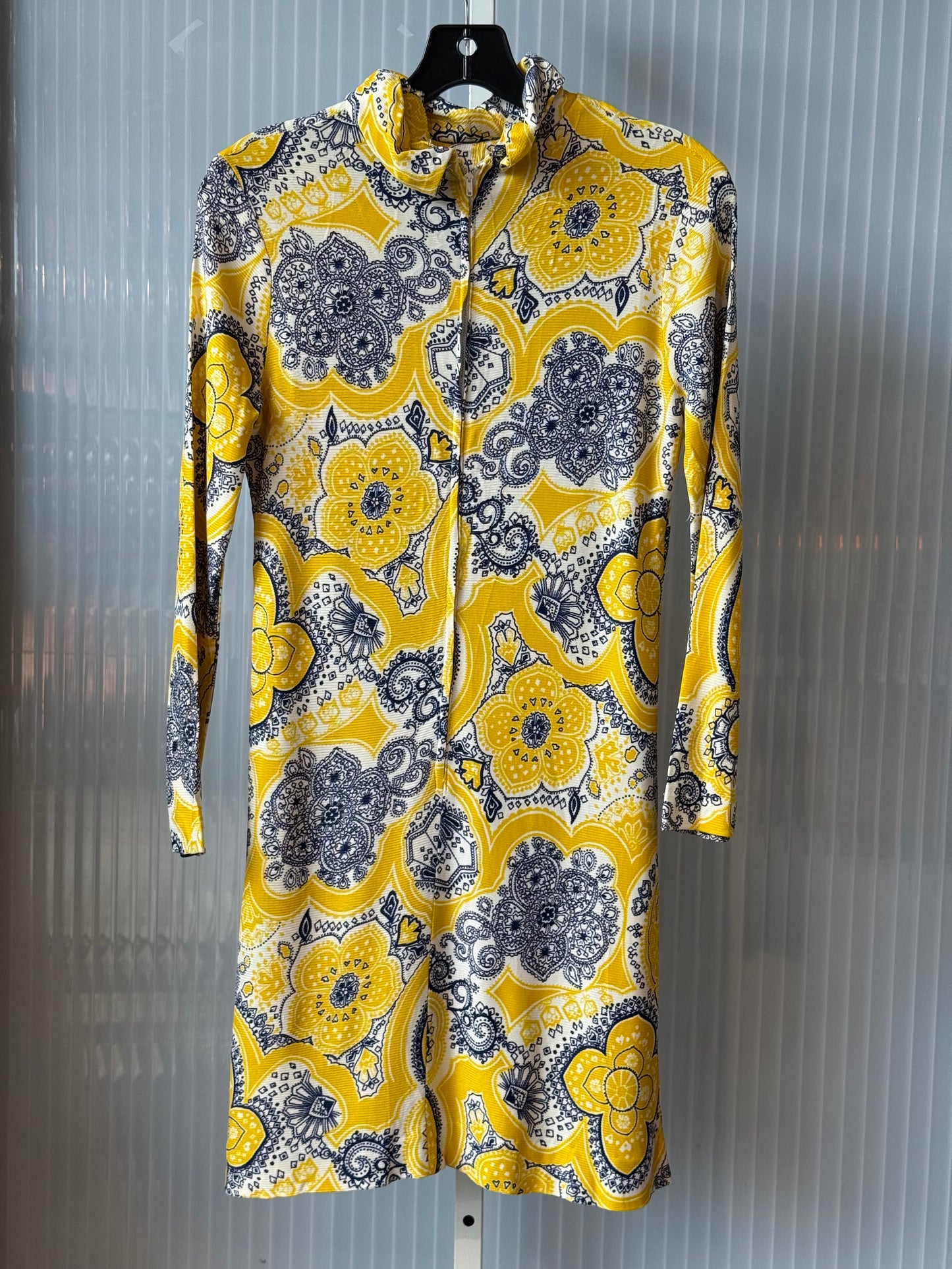 1970s Blue & Yellow Abstract Floral Pattern Turtleneck Mini Dress