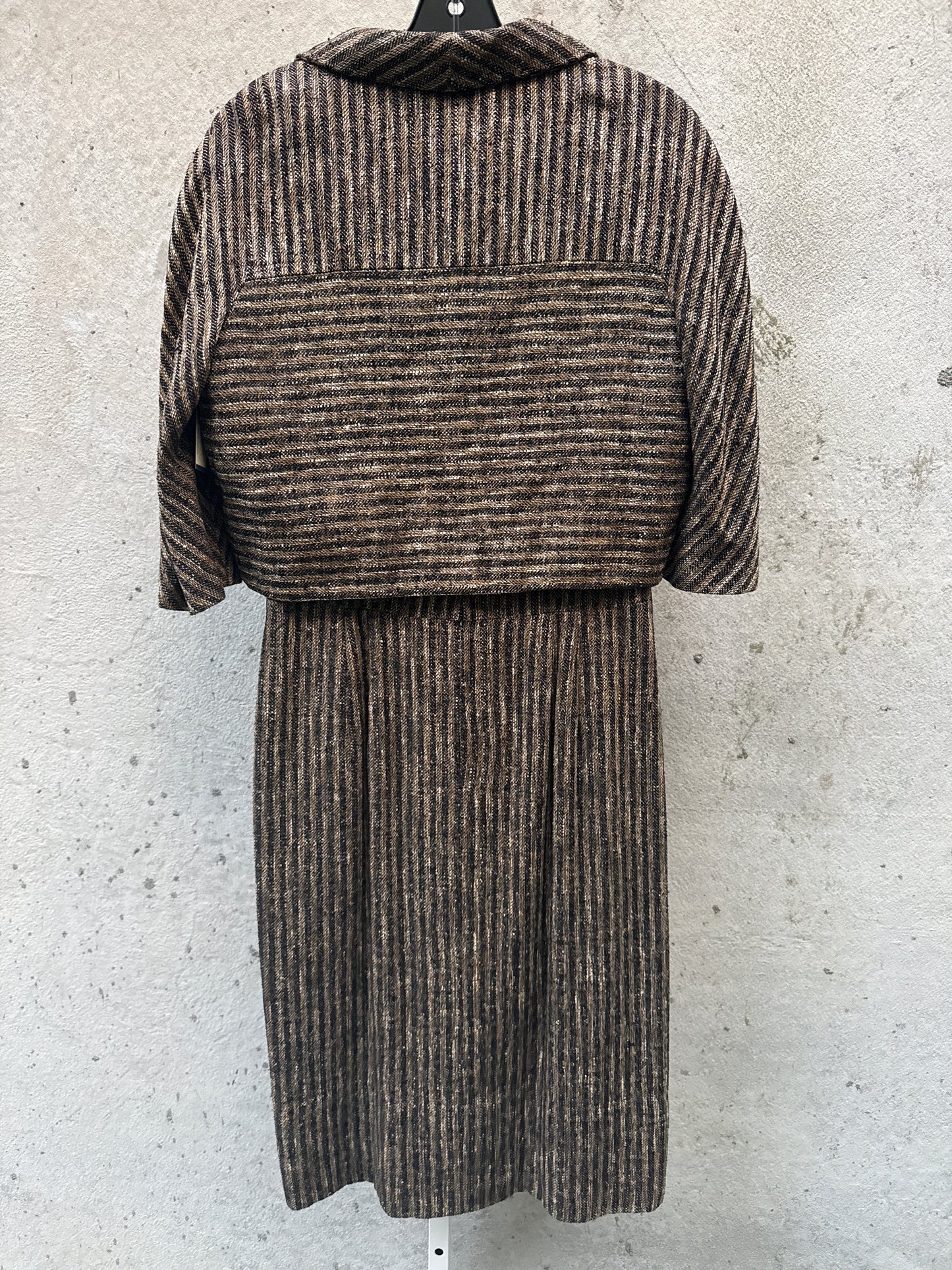 1950s Brown & Black Striped Tweed Dress & Jacket Set
