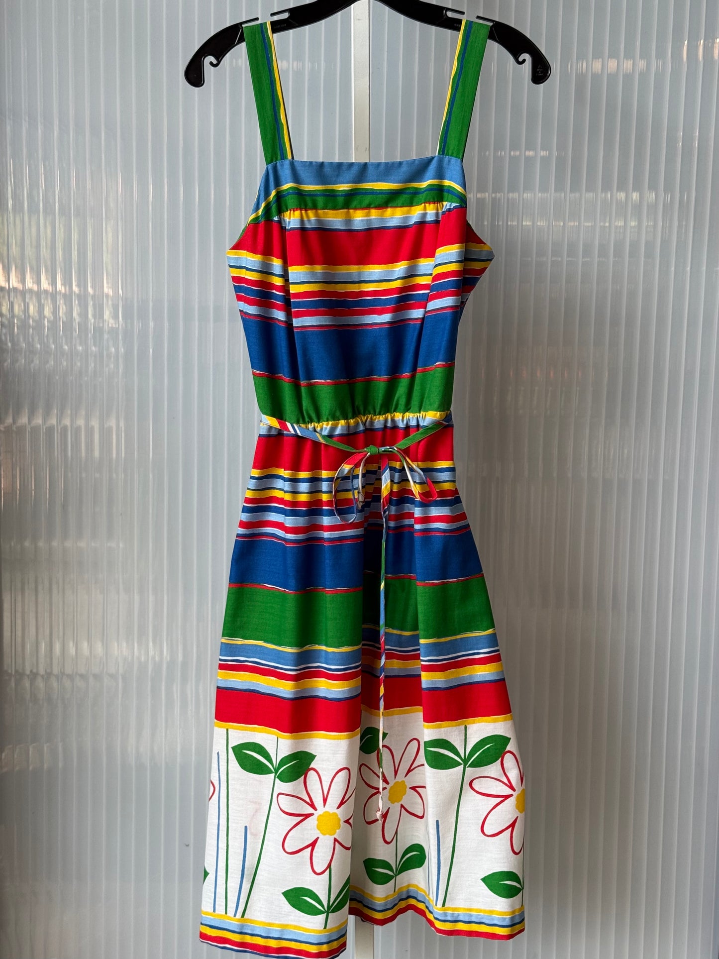 1970s Rainbow Striped Sleeveless Smocked Dress