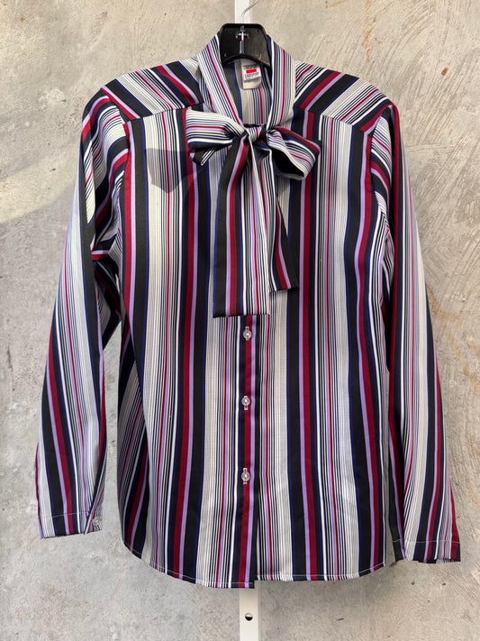 1980s Striped Pussy Bow Collar Blouse